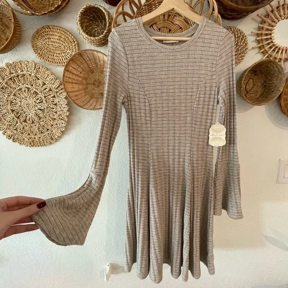 Altar'd State Ivory Taupe Long Bell Sleeve Dress - Picture 4 of 7